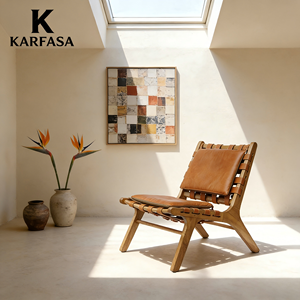 <span class=keywords><strong>Poltrona</strong></span> in Legno di Quercia Massello con Cuscino in Vera Pelle e Imbottitura in Schiuma - Comoda <span class=keywords><strong>Poltrona</strong></span> Minimalista Nordica per Soggiorno e Hotel - Product Image 1