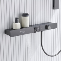 Conjunto de ducha termostática empotrada en pared, moderno y sencillo, sin desmontaje, color gris plomizo, efecto lluvia, latón cepillado suave, barra deslizante de cerámica