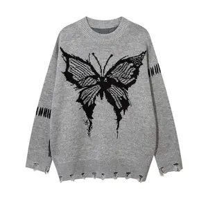 Yüksek kaliteli sonbahar ve kış Trendy siyah kelebek jakarlı yumuşak ve mumsu örme boy çift kazak