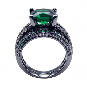 Men's Classic <b>Black</b> Rhodium Plated Princess Cut Emerald & White CZ Rings IGI Certified Wedding Jewelry DR015015R - Product Image 1