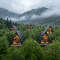 Maisons Modulaires Préfabriquées Clé en Main, Chalet Intelligent Triangulaire Effet Bois pour Projets Hôteliers, Resorts et Usage Commercial