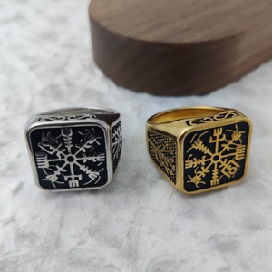 Anillo de hombre nórdico vikingo chapado en oro rosa de acero inoxidable con brújula, runa noruega, árbol de la vida y lobo, joyería al por mayor MRD011 - Product Image 2