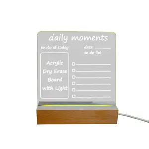 गर्म बिक्री खाली स्पष्ट डेस्कटॉप नोट ज्ञापन ऐक्रेलिक सूखे रंग रंगीन एलईडी लाइट अप बोर्ड के साथ लकड़ी के स्टैंड एक्रिल संदेश बोर्ड