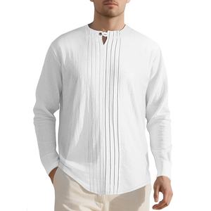 Customized Men's Linen Casual <b>Long</b> <b>Sleeve</b> Pleated Front <b>T</b>-<b>Shirt</b> <b>Button</b> Henley Collared Loose Pullover <b>T</b>-<b>shirt</b> - Product Image 2