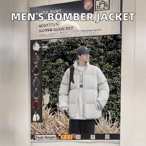 แจ็คเก็ตบอมเบอร์ทรงพองคอกลมมีฮู้ดสำหรับผู้ชายมีซิปปิดด้านหน้าหนาสำหรับฤดูหนาว - Product Image 3