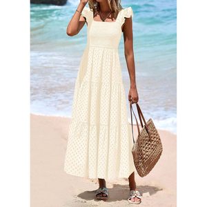 Vestido largo de verano para mujer con cuello cuadrado, manga casquillo, diseño de ojales, fruncido, con volantes en capas, corte en A, fluido y con bolsillos - Product Image 6