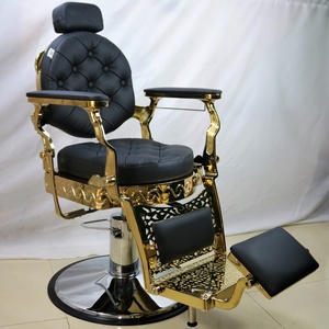 Sillón de Barbería Profesional de Lujo Clásico para Salón, Color Negro y Dorado, con Base Hidráulica Reclinable para Hombres - Product Image 1