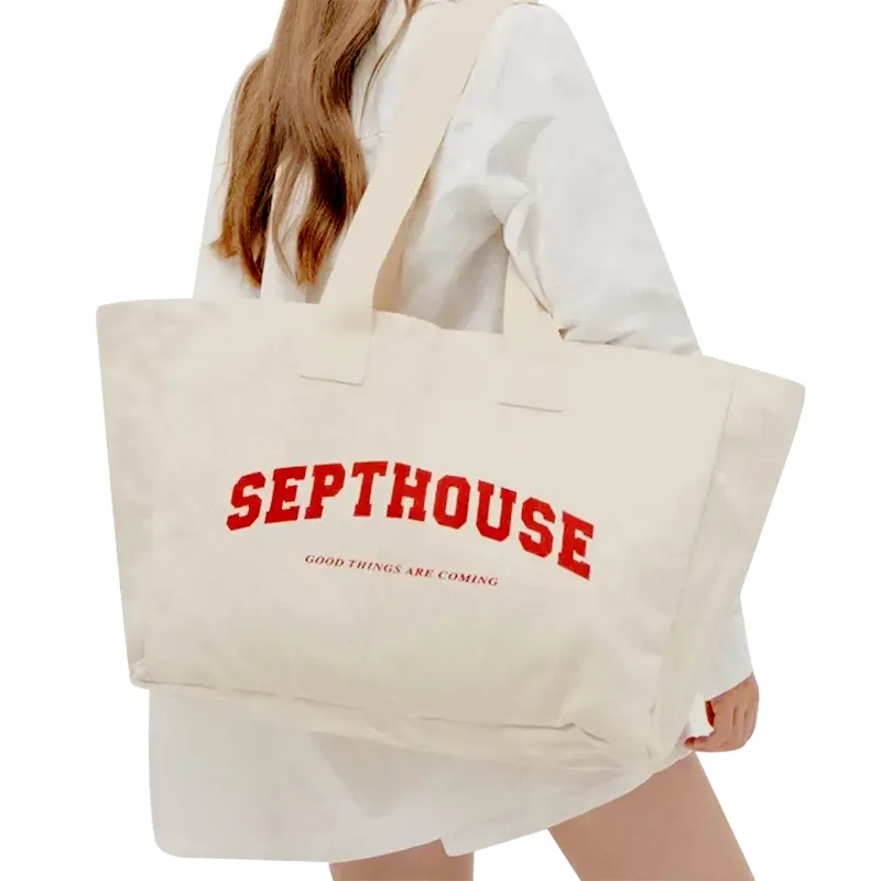 Sacola de compras de praia personalizada de algodão orgânico reciclado para mulheres, sacola grande de lona pesada de ombro único