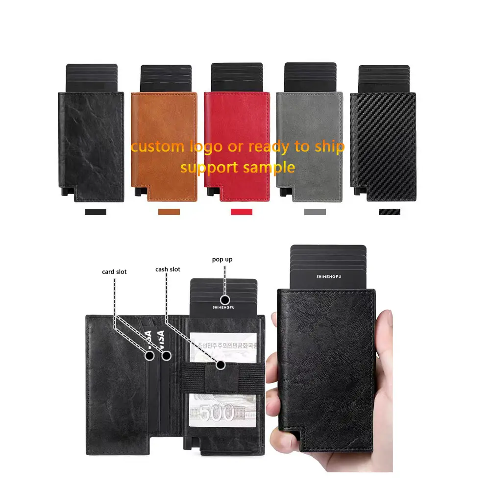 Leather Card Holder Wallet Men Automatic Pop Up ID Card Case Slim Minimalist RFID Blocking Male Pop Up Wallet With Money Strap