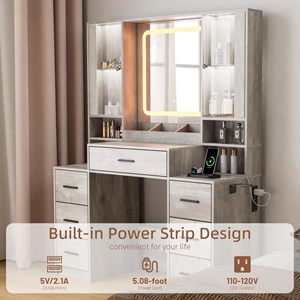 SENYU Coiffeuse Moderne avec Miroir Éclairé, 5 Tiroirs, Station de Recharge, Meuble de Chambre sur Pied, Design en Panneaux MDF - Product Image 5