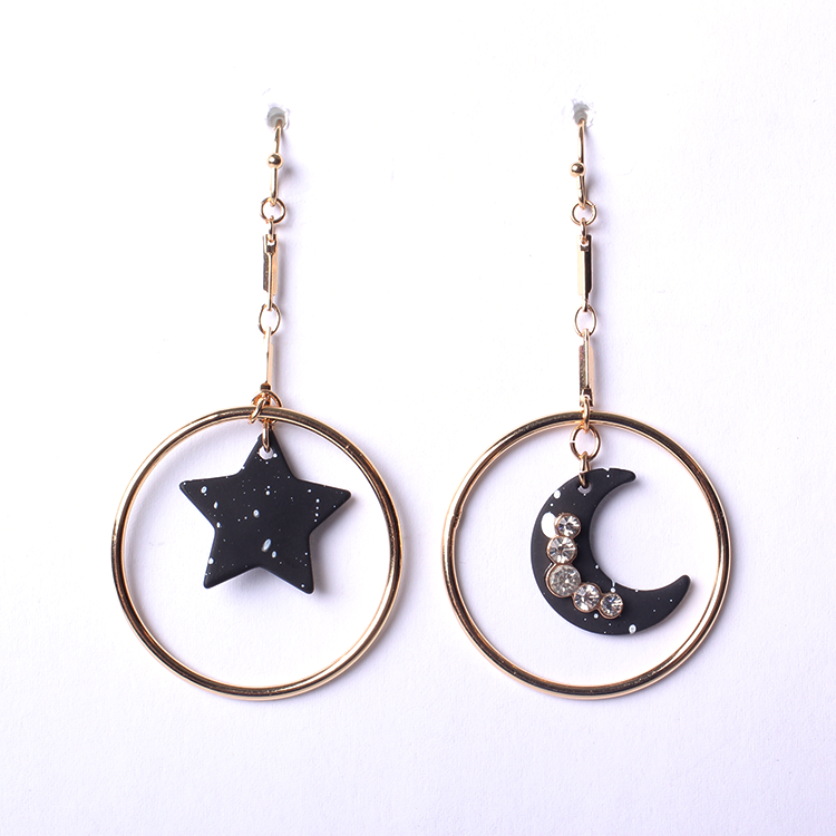 V & R negro luna y estrella blanco salpicaduras de diamantes de imitación de cristal 18K chapado en oro de la gota pendiente