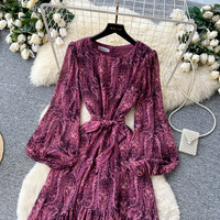 Robe décontractée élégante pour femmes WIWT, imprimé paisley, manches longues, coupe évasée, avec nœud à la taille, pour tous les jours et les vacances