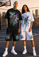 Ensemble streetwear deux pièces pour homme personnalisé, respirant, en mélange de coton tricoté 220g, avec t-shirt à motif libellule métallique et short à cordon de serrage