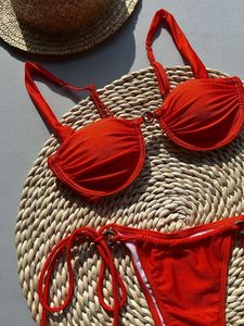 Set Bikini Rosso con Perizoma per Donna, Costume da Bagno Sexy con Lacci Laterali, Fascia con Supporto in Acciaio, Push-up, Intimo da Spiaggia - Product Image 5