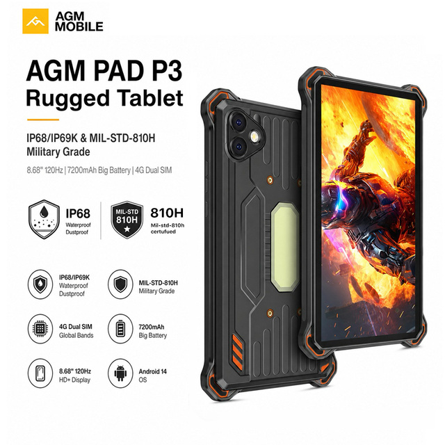 AGM P3 Compact Android Tablet 4G LTE G99 Octa Core 120Hz Display 7200mAh WiFi NFC Rugged Tablet for Education Business Hotel