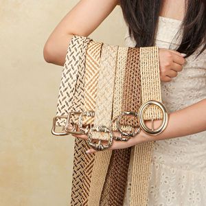 Ceinture tressée en paille style bohème pour femme, avec boucle carrée dorée <span class=keywords><strong>vintage</strong></span>, en herbe PP, large et non-élastique, pour robes - Product Image 2