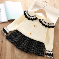 Ensemble 2 pièces en tricot pour bébé fille, cardigan crème, jupe à carreaux à col géométrique, tenue d'automne