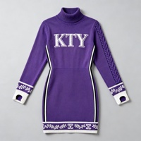 Robe moulante en tricot pour femmes grande taille, en fil doux filé sur mesure, col roulé haut, broderie, style sororité