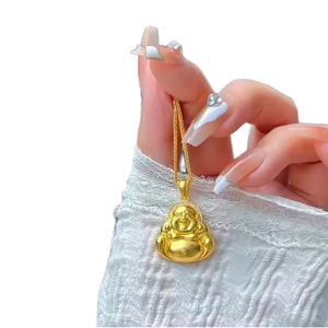 Liontin kalung Buddha Maitreya Retro mewah baru gaya Tiongkok cahaya pasir emas menyelesaikan perhiasan baja tahan karat jimat emas - Product Image 6