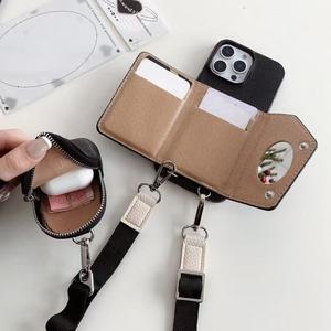 Étui de téléphone <span class=keywords><strong>en</strong></span> cuir de litchi avancé pour Apple 16 Pro Iphone15 <span class=keywords><strong>Samsung</strong></span> S24 Porte-cartes Miroir de maquillage Rangement Porte-monnaie Lanière bandoulière - Product Image 4