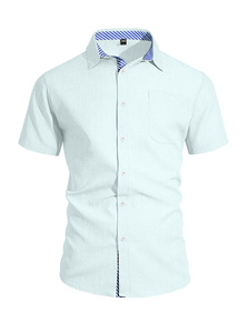 เสื้อเชิ้ตผ้าฝ้ายลินินแขนสั้นคอปกพับได้สำหรับผู้ชาย สไตล์ลำลอง ปักโลโก้ น้ำหนัก 160GSM เหมาะสำหรับใส่เที่ยวพักผ่อนหรือใส่เดินเล่นในเมือง - Product Image 3
