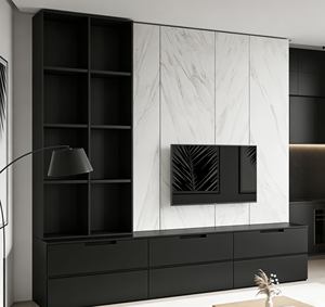 Meuble TV flottant noir élégant - Meuble de salon moderne avec mur d'accent en marbre et organisation de rangement intégrée - Product Image 6