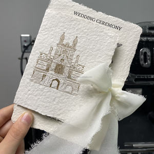 Tarjeta de felicitación de papel hecho a mano con borde desflecado y estampado de vainilla, con cinta, logotipo personalizado, tarjeta de invitación tipográfica para eventos, China - Product Image 3