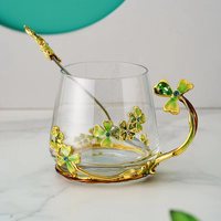 RORO luxe chanceux trèfle à quatre feuilles couleur verte émail décoratif peinture à la main turc verre thé café tasse d'eau avec cuillère