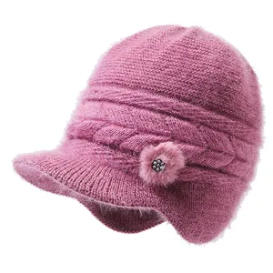 Winter Hats Ribbed Knitted Wool Cap Hat Winter Warm Brim Peaked Visor Knit Beanie Hats