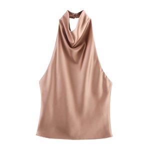 PB&ZA Femme 2025 Nouvelle Mode Débardeurs en Satin de Soie Texturé à Col Montant Vintage Dos Nu Cami <span class=keywords><strong>Chic</strong></span> pour Femmes - Product Image 2