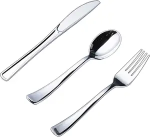 Пластиковый набор столовых приборов для еды, серебристые пластиковые столовые приборы, одноразовые ложки, вилки, ножи