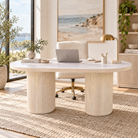 Bureau ovale blanc vintage français avec base à double piétement cannelé, table d'écriture pour bureau à domicile, idéal pour l'étude et l'espace de travail exécutif