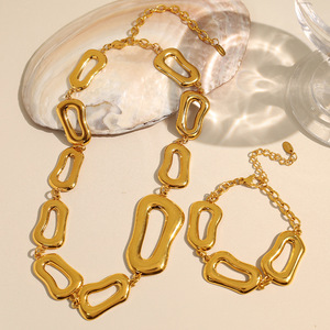 European American Style Geometric Stainless Steel Necklace <b>Bracelet</b> <b>Set</b> Women's Party Jewelry Chunky Chain Minimalist Design - Product Image 1