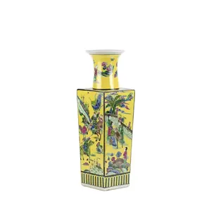 RZJH03 vase carré en céramique, motif de la vie chinoise ancienne de couleur jaune rose pour les achats en ligne