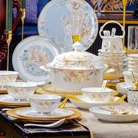 Service de table en porcelaine fine à motif floral pivoine, bord doré, vaisselle ronde en céramique, compatible lave-vaisselle et micro-ondes, pour usage quotidien