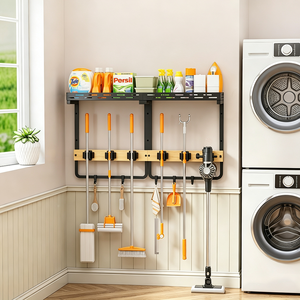 Support <span class=keywords><strong>mural</strong></span> ultime KBLEADER pour balais et serpillères, en métal robuste et bambou, étagère de rangement moderne pour la buanderie, pour outils de nettoyage - Product Image 1