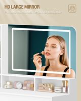 Coiffeuse moderne écologique avec éclairage LED, grand miroir, 5 tiroirs, 7 étagères ouvertes, 3 couleurs réglables