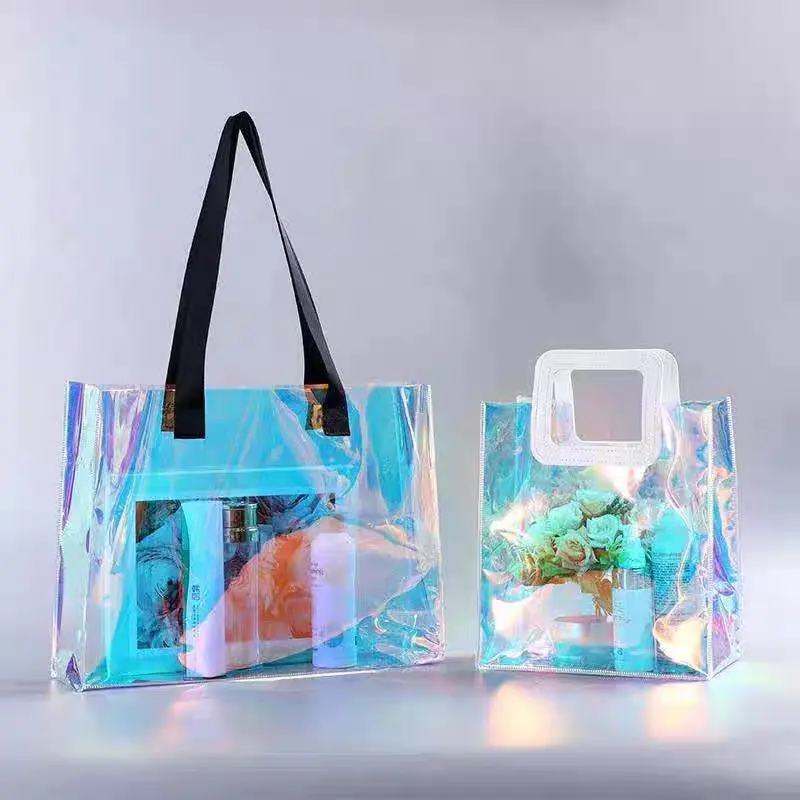 गर्म बिक्री लेजर स्पष्ट पीवीसी ढोना शॉपिंग बैग होलोग्राफिक पारदर्शी हैंडबैग समुद्र तट बैग