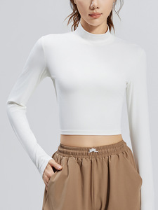 T-shirt à col montant pour femmes, 82,5 % polyester, 17,5 % élasthanne, manches longues, haut de sport côtelé extensible, crop top pour femmes - Product Image 4