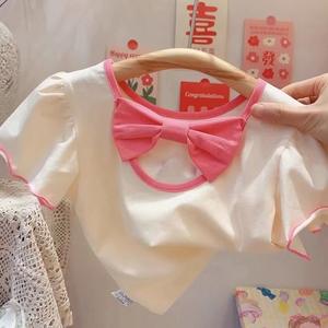 Logo personalizzato Summer Kids Girls Shirt Cute Flower Pink White Cotton Bow neonate Sweet T Shirt - Product Image 3