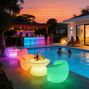 Set Moderno di Tavolo <span class=keywords><strong>e</strong></span> Sedie da <span class=keywords><strong>Bar</strong></span> in Plastica con Illuminazione LED a 16 Colori Variabili, Impermeabile IP60/IP65 per Uso Domestico <span class=keywords><strong>e</strong></span> Alberghiero - Product Image 1
