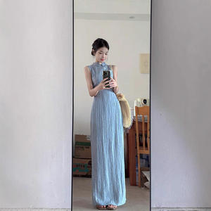 Vestido Midi de Gasa para Mujer Estilo Retro Francés con Cuello Mandarín, Cintura Natural, Silueta Lápiz, Sin Mangas, Estampado de Personajes, Corte Bajo - Product Image 4