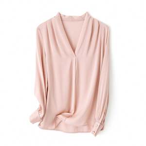Camisas de seda con cuello en V elegantes e intelectuales para mujer de manga larga de color sólido para la Oficina para primavera y otoño - Product Image 6