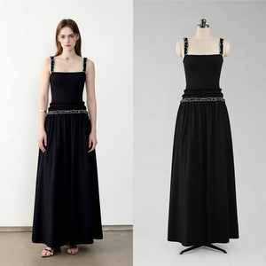 Fornitore OEM di abiti lunghi senza maniche con dettagli a volant, casual per l'estate e le vacanze al mare, logo personalizzato, azienda produttrice cinese - Product Image 1