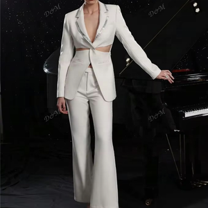 D&M Chic Dames Enkelrijig Geweven V-hals Kostuum met Knoopversierde <span class=keywords><strong>Blazer</strong></span> in Effen Kleur Set - Product Image 3