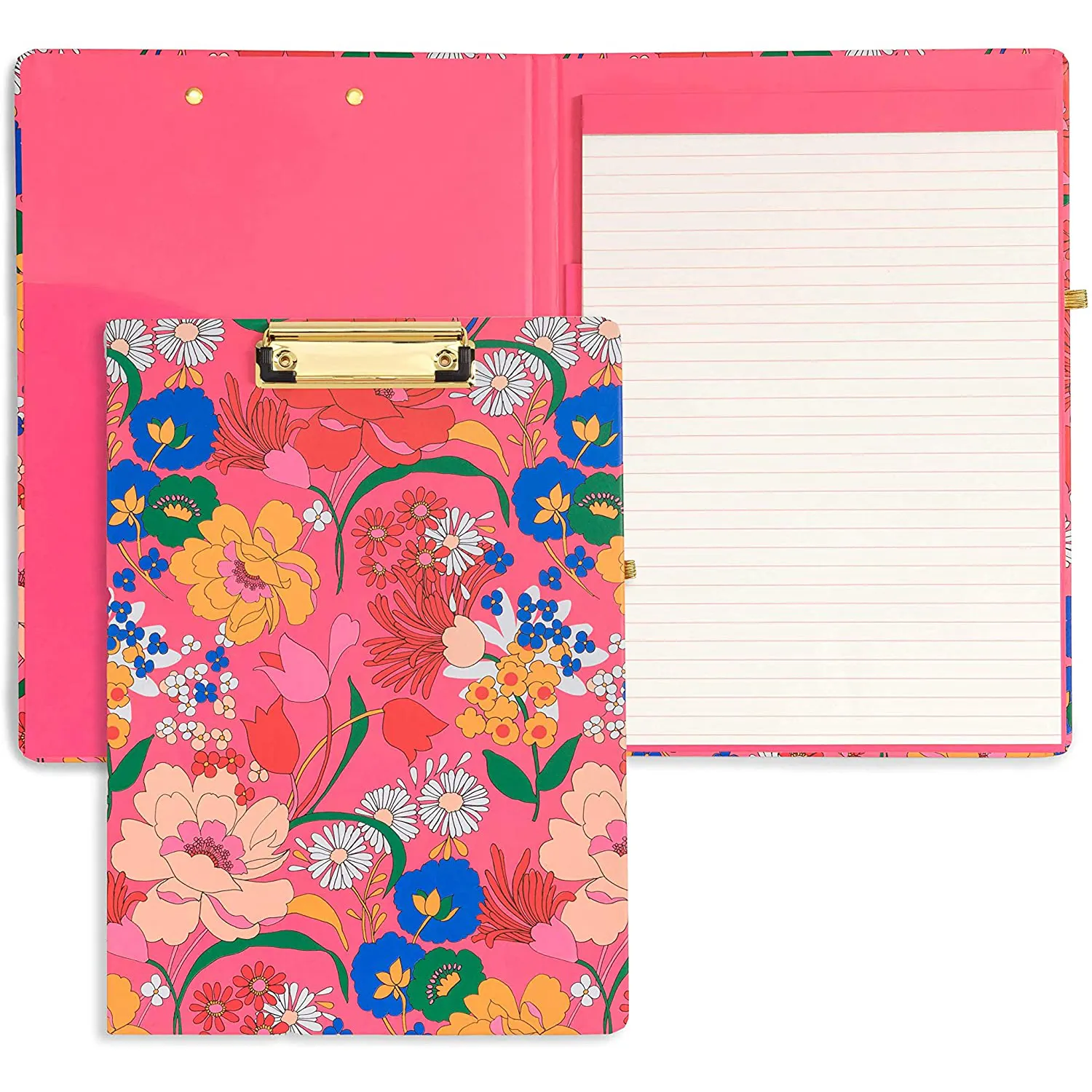 Metal Folding Clipboard Clips Folio with Removable Notepad, Padfolio with Pen Loop and Metal Clip, Superbloom (Pink)