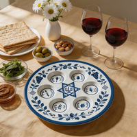 Assiette de Seder pour la Pâque juive, traditionnelle, en poterie, avec impression bleue et blanche, durable, écologique, 6 sections, vaisselle religieuse, boutique de cadeaux