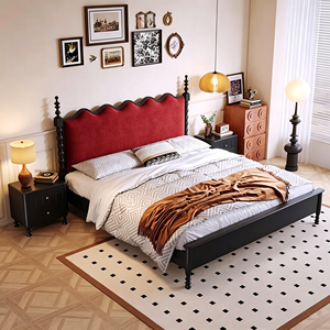 Premium Black Solid Wood Bed Frame French Vintage Wavy Red Velvet Upholstered Headboard Comfortable Bedroom Furniture Stable Hom - Product Image 1