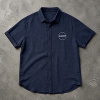 Camisa de Manga Corta para Hombre, Informal, Textura de Lino, con Botones, Azul Marino, Camisa de Verano Transpirable, Tejida