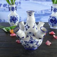 Vase à tulipes Delft vintage à 3 doigts, peint à la main, bleu et blanc, magnifique état
